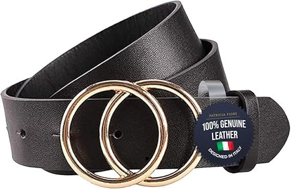 Black leather belt with double gold rings buckle and genuine leather tag.